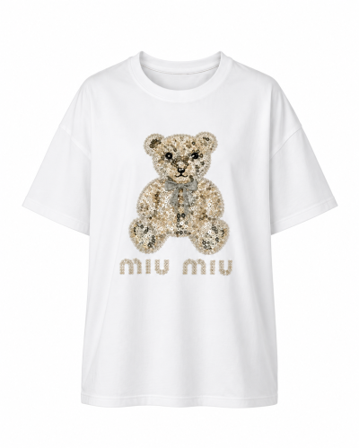 Дамска стилна бяла тениска с декорация от златно мече на ''Miu miu''