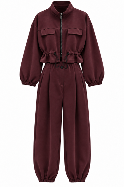 Дамски стилен комплект от велур в цвят бордо